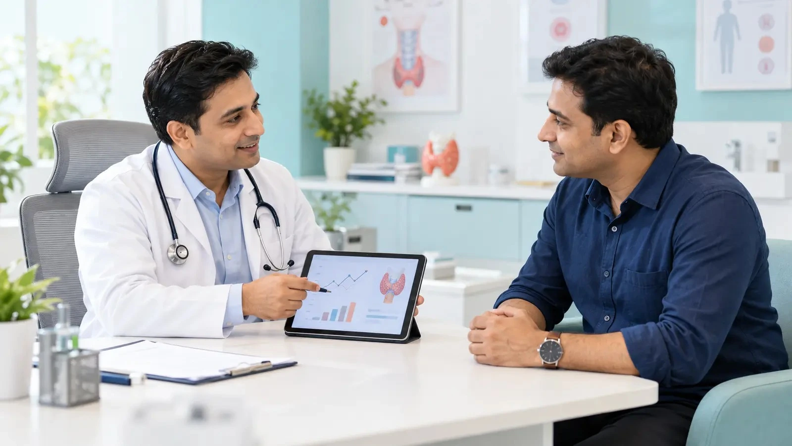 Male patient discussing endocrine health in a modern AI-assisted consultation setting