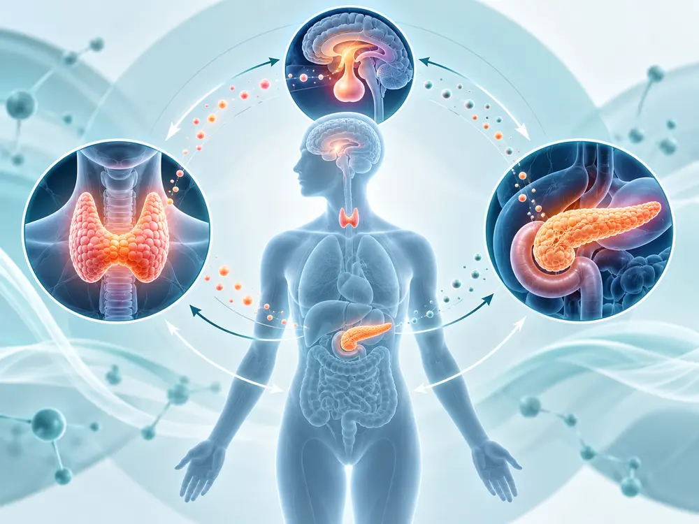 Medical illustration of the endocrine system for hormone health awareness