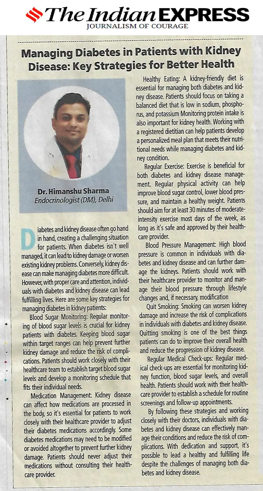 Dr. Himanshu Sharma educational article about diabetes and kidney disease in The Indian Express