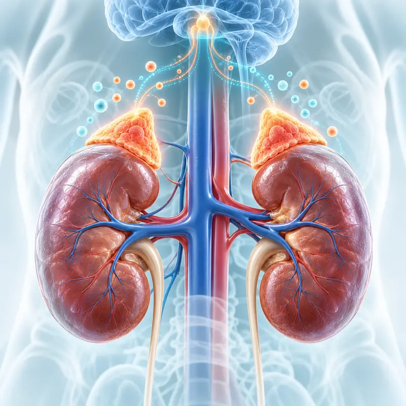 Medical illustration highlighting the adrenal glands above the kidneys
